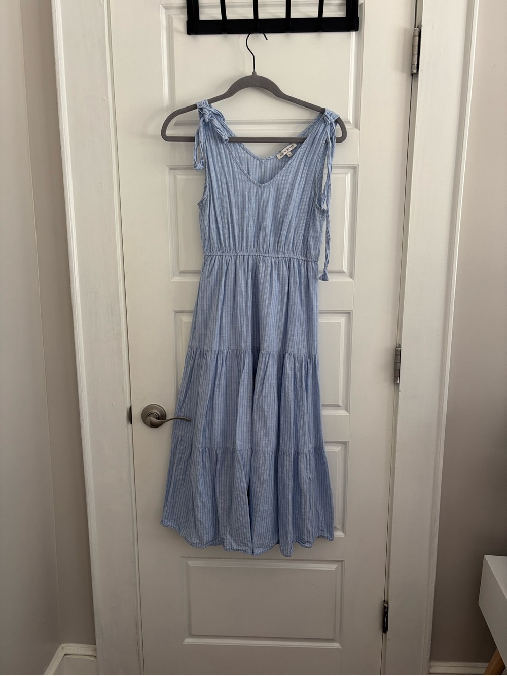 Moon River Light Blue Striped Tie-Shoulder Maxi Dress